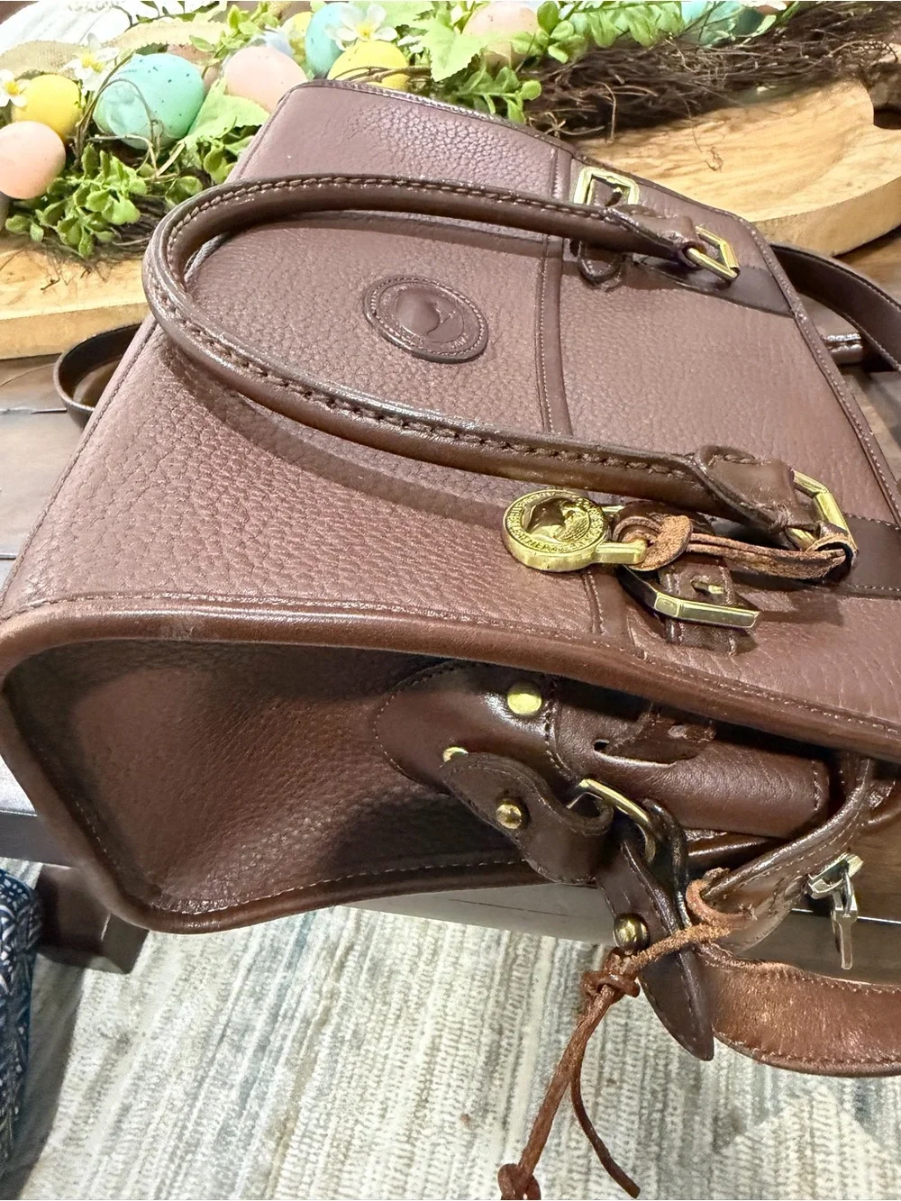 Dooney & Bourke Brown Pebble Leather Satchel with Gold Hardware